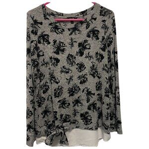 Simply Vera Verawang Women's Blouse Knit Long Sleeve Gray w/Black Flowers Size M